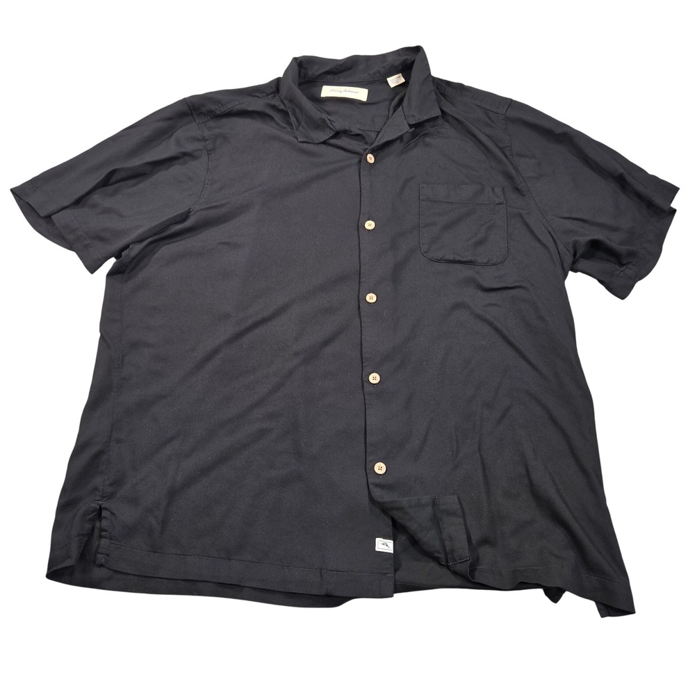 Tommy Bahama Camp Shirt Mens XXL Black Short Sleeve Button Down Viscose Ribbed